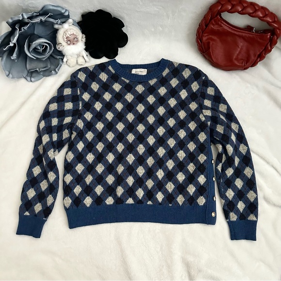 Wales Bonner Argyle Merino Wool Blend Blue Cream Sweater - Picture 1 of 15